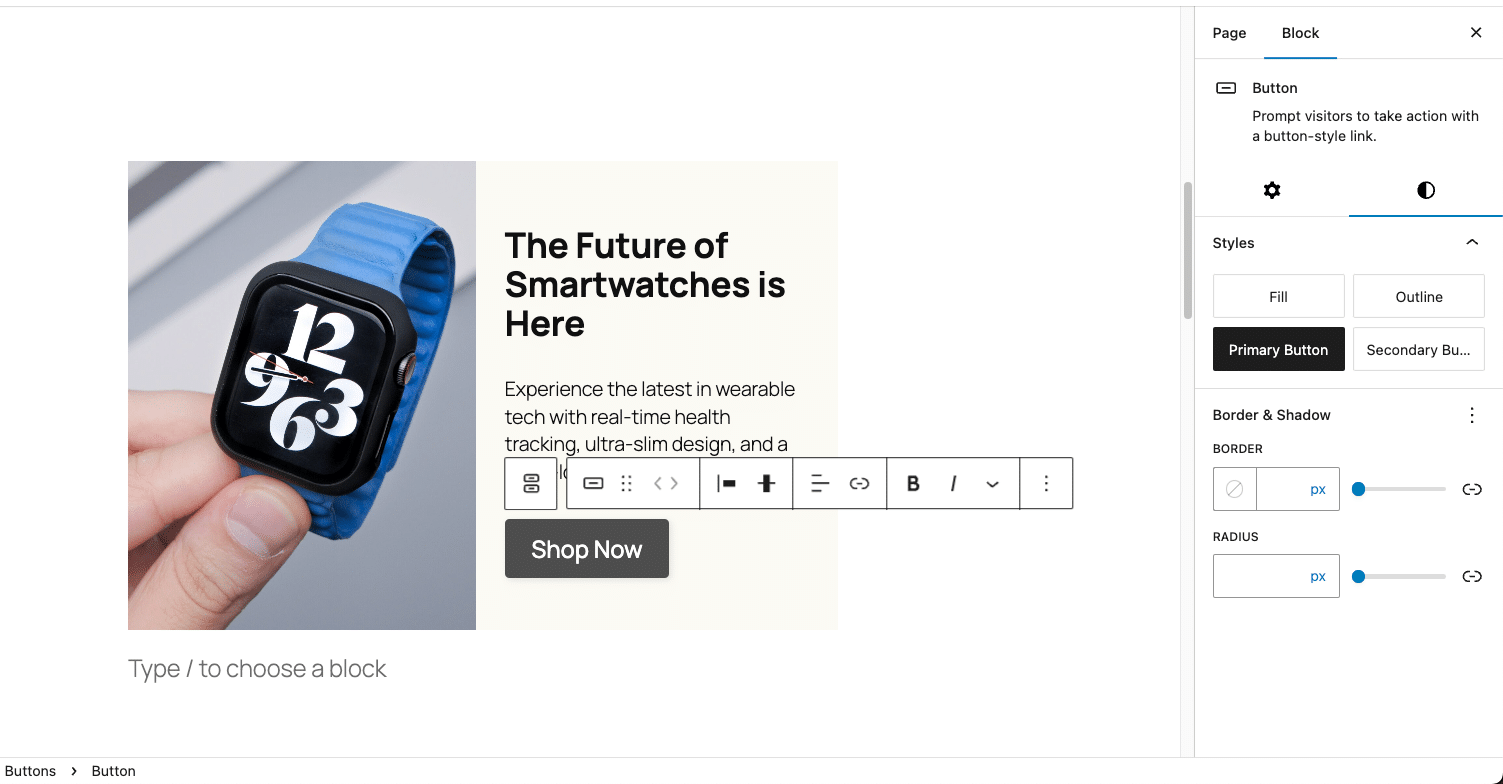 Gestileerde primaire knop in WordPress.