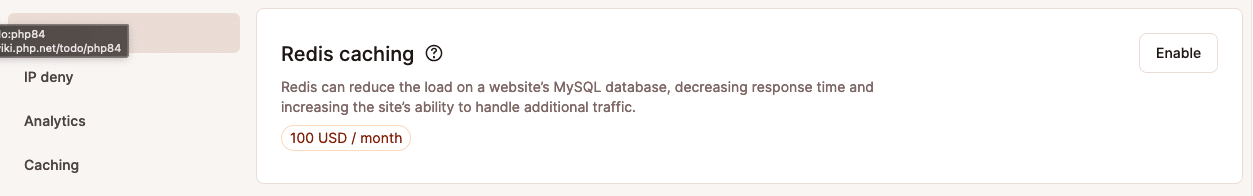 Ein Screenshot, der den Redis-Caching-Eintrag unter den Add-ons zeigt, die im MyKinsta-Dashboard verfügbar sind.