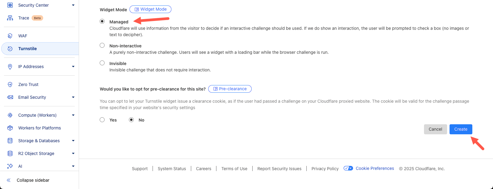 De managed widgetmodus selecteren in Cloudflare Turnstile.