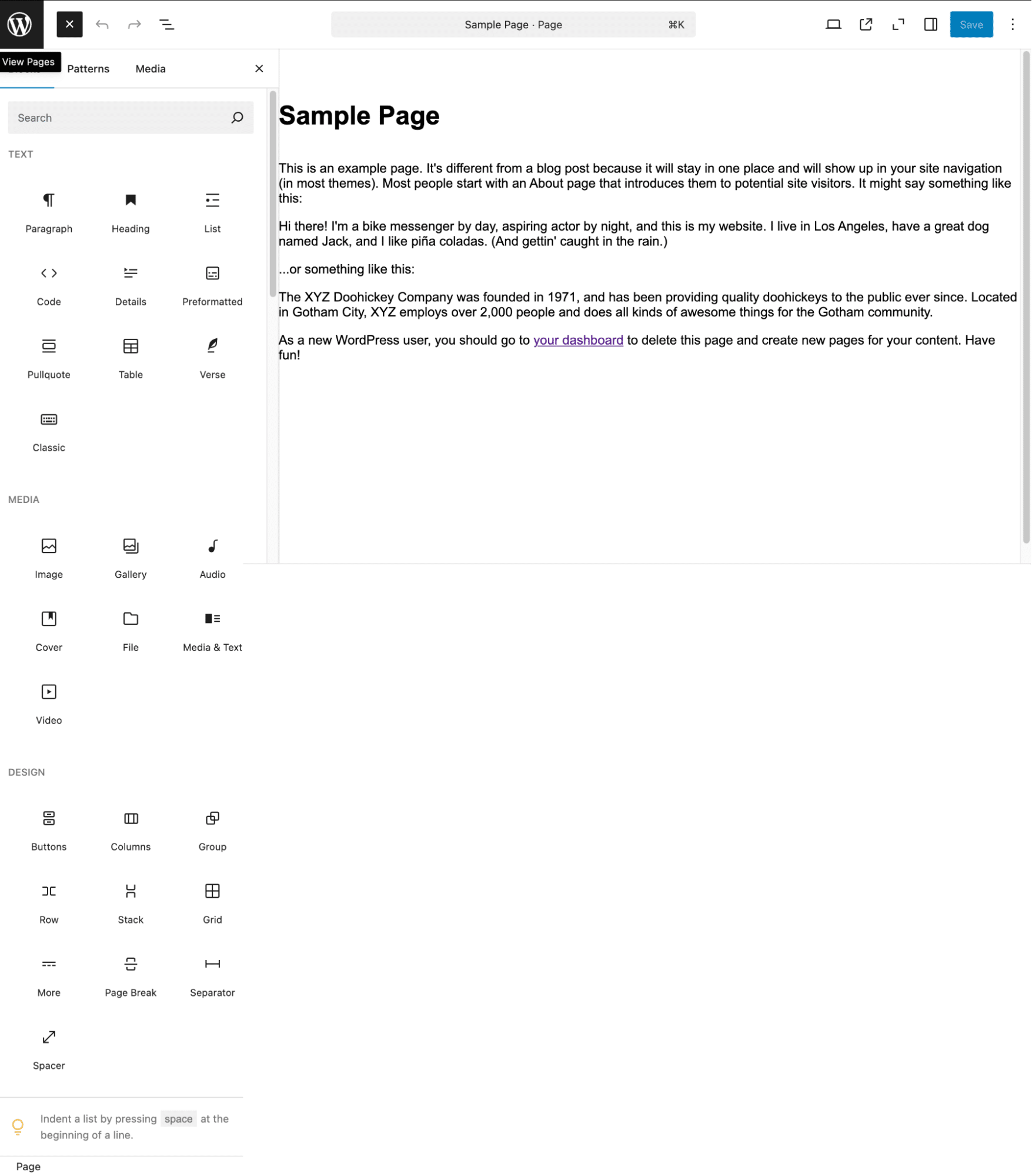 Categorias de bloco removidas: Widgets, Embeds e Tema