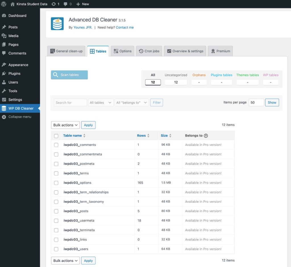 An image showing how to delete data using the Advanced Database Cleaner plugin.