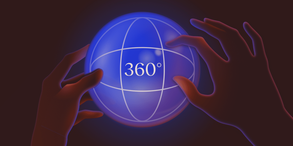 An illustration representing a virtual tour, including hands manipulating a navigation button labeled '360 degrees.'