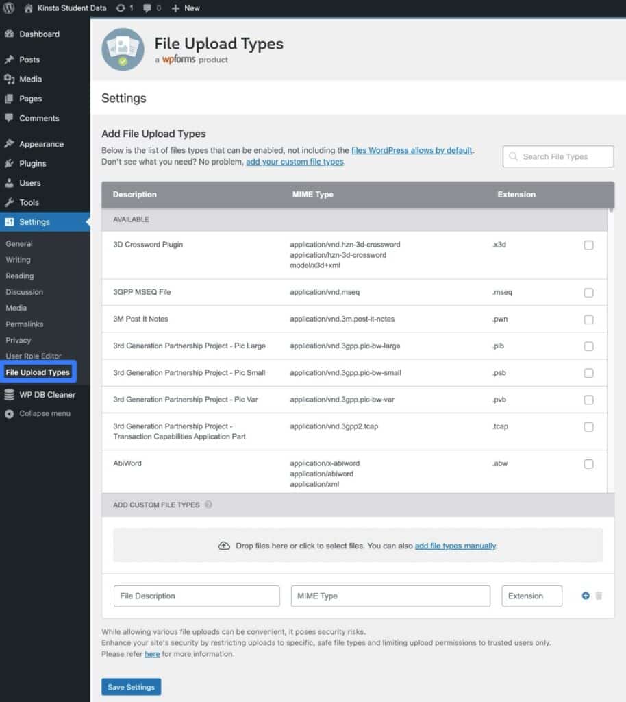An image showing how to use the File Upload Types plugin to restrict file types.