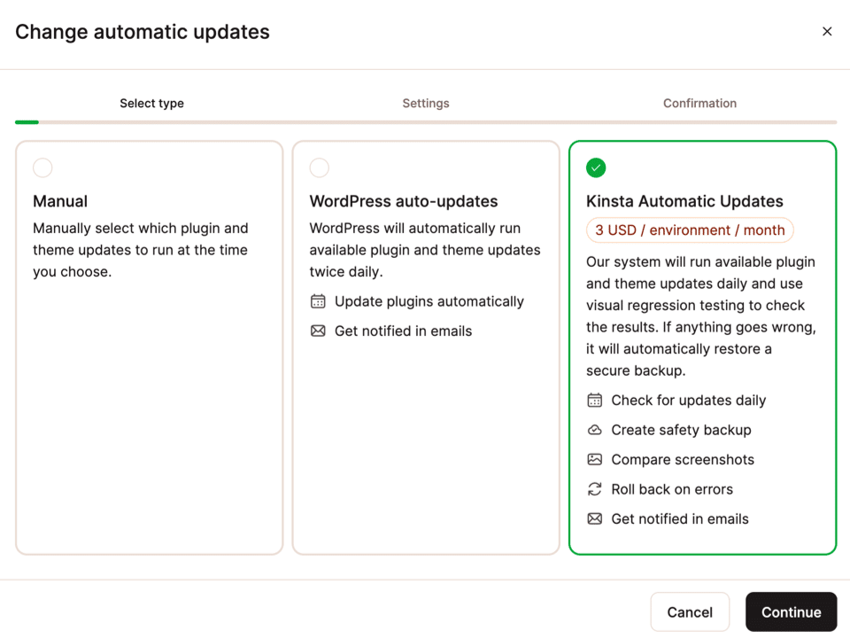 A screenshot showing the dialog for choosing plugin and theme update options within MyKinsta.