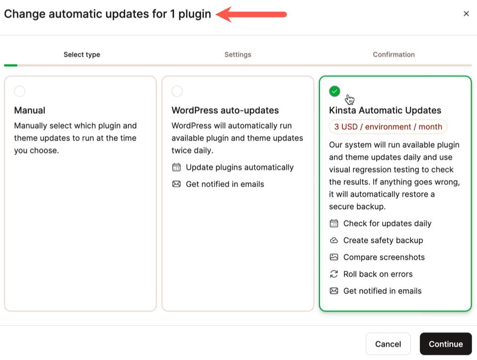 Screenshot showing the dialog for choosing an update option for an individual plugin within MyKinsta.