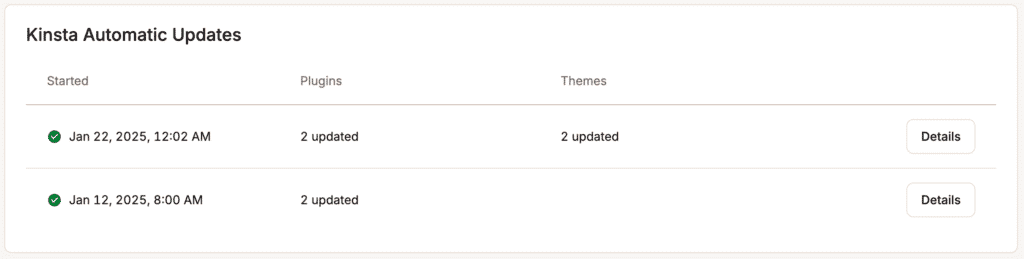 Screenshot showing a log of Kinsta Automatic Updates activity in MyKinsta.
