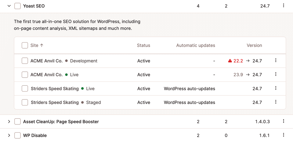 Screenshot showing plugins and update statuses across multiple WordPress environments.