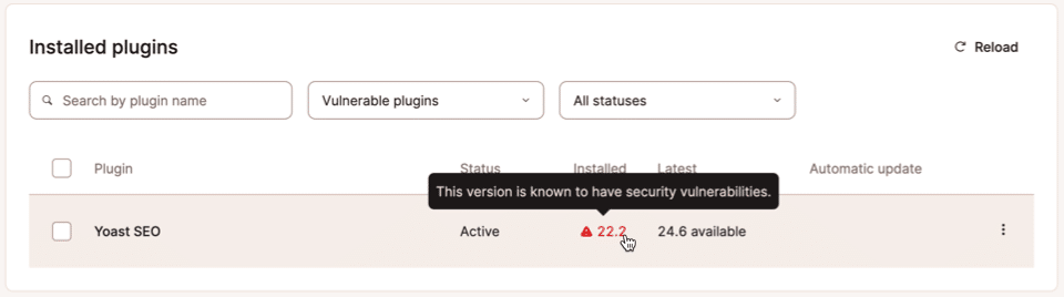 Screenshot showing plugins with updates available, listed in MyKinsta.