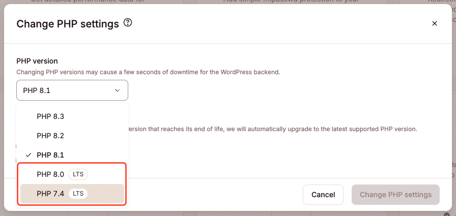 Alterar a versão do PHP da Kinsta.