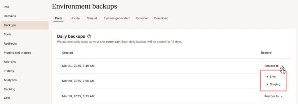 An image showing how to restore a backup at Kinsta.