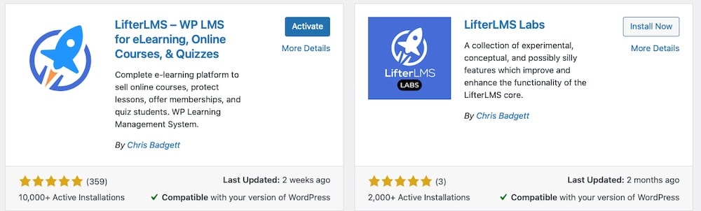 Una captura de pantalla del repositorio de plugins de WordPress que muestra las ofertas de LifterLMS.