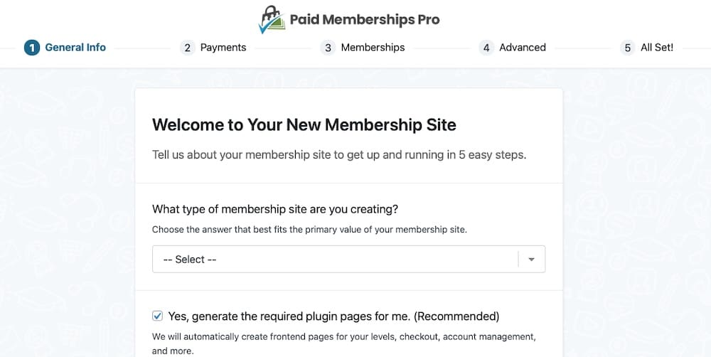 Un'immagine della schermata iniziale della procedura guidata di configurazione di Paid Memberships Pro. 