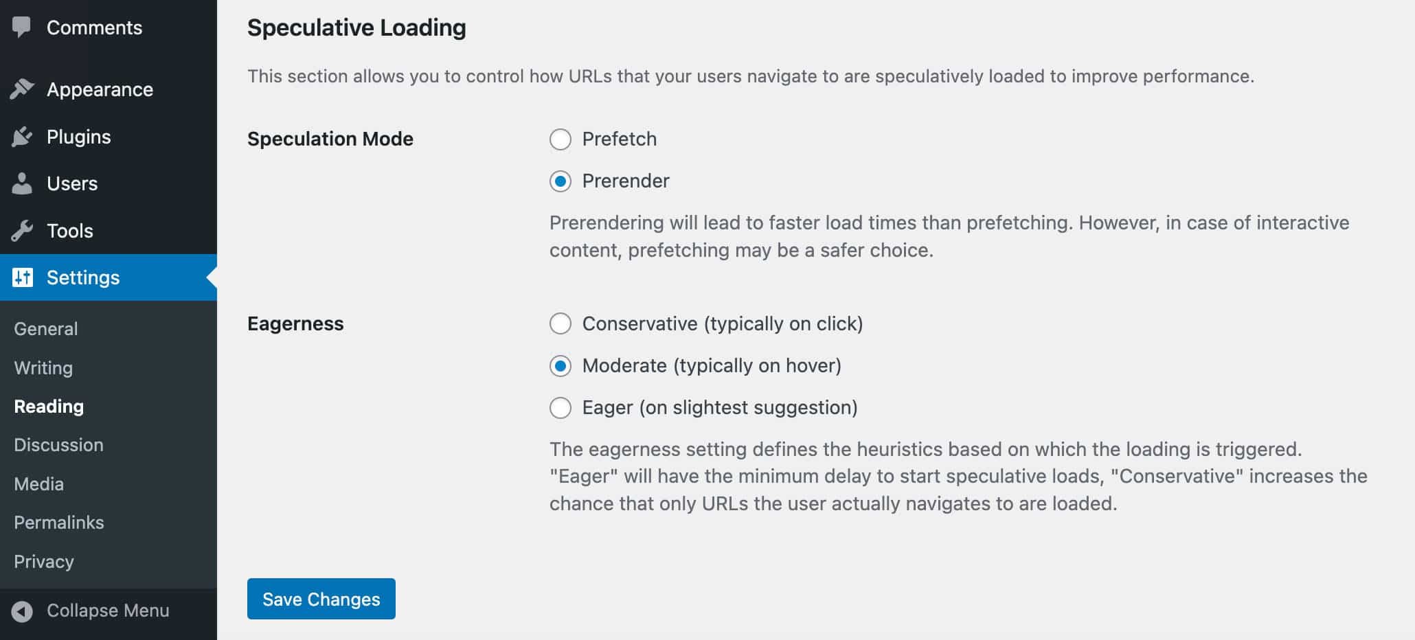 Speculative Loadingプラグインのデフォルト設定