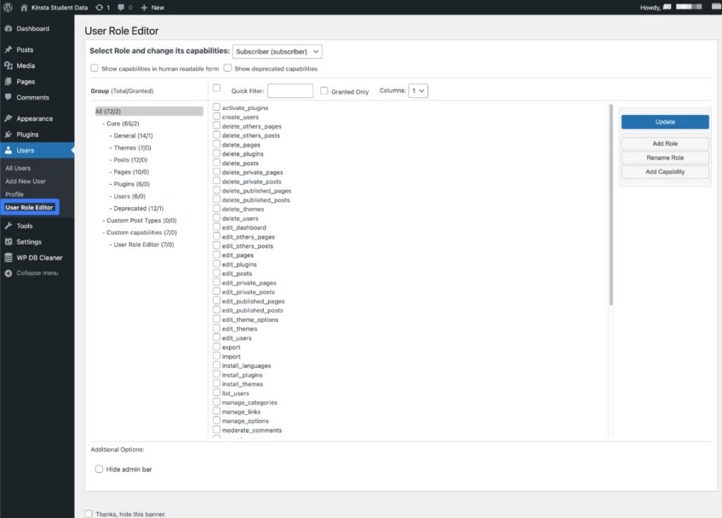 An image showing how to manage user roles and capabilities with User Role Editor.