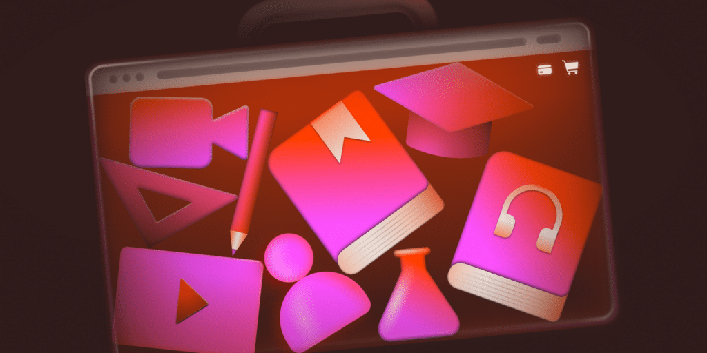 An illustration that combines representations of school supplies with an online shopping interface.