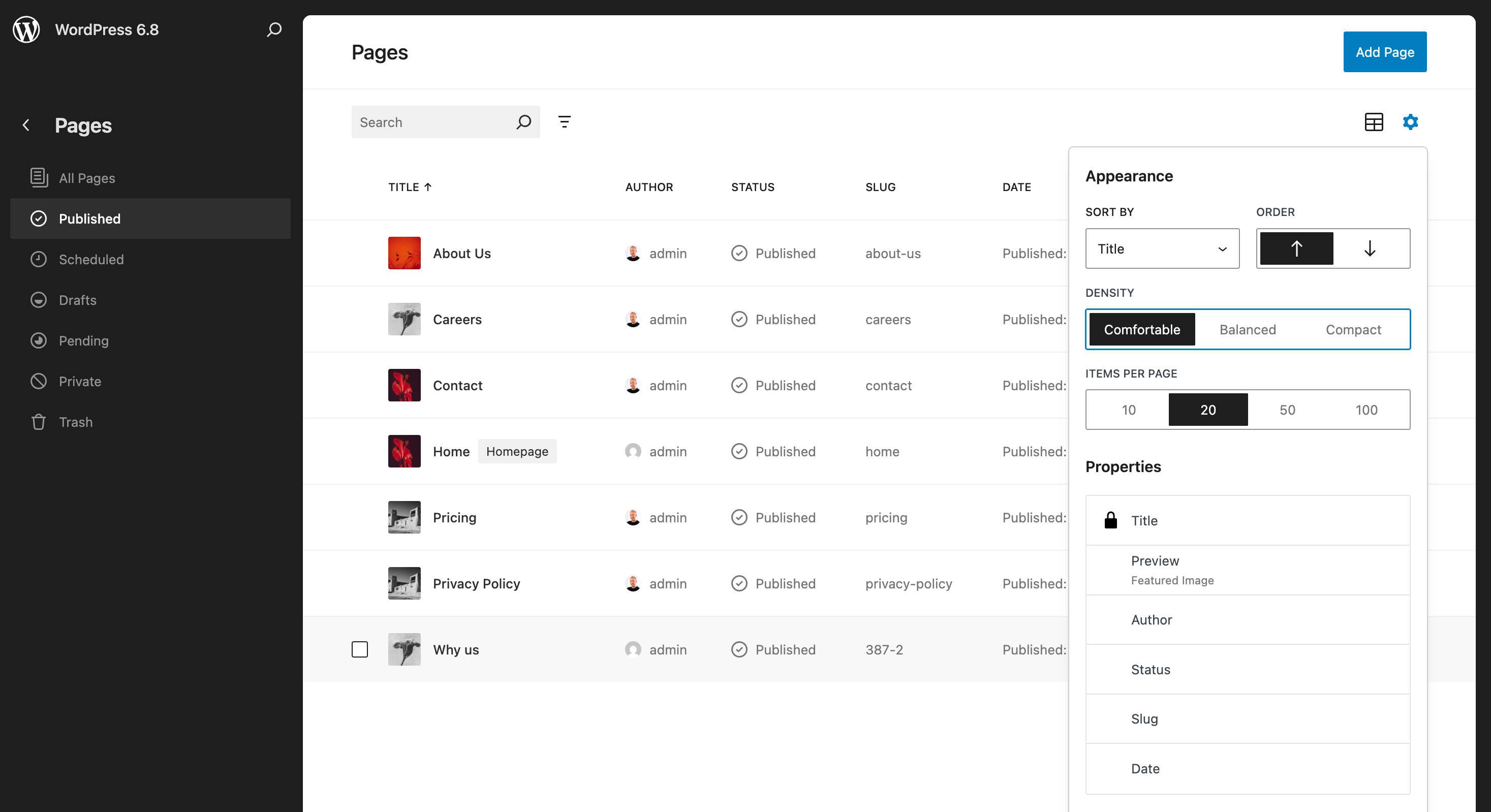 WordPress 6.8 introduces a new Density control in table view