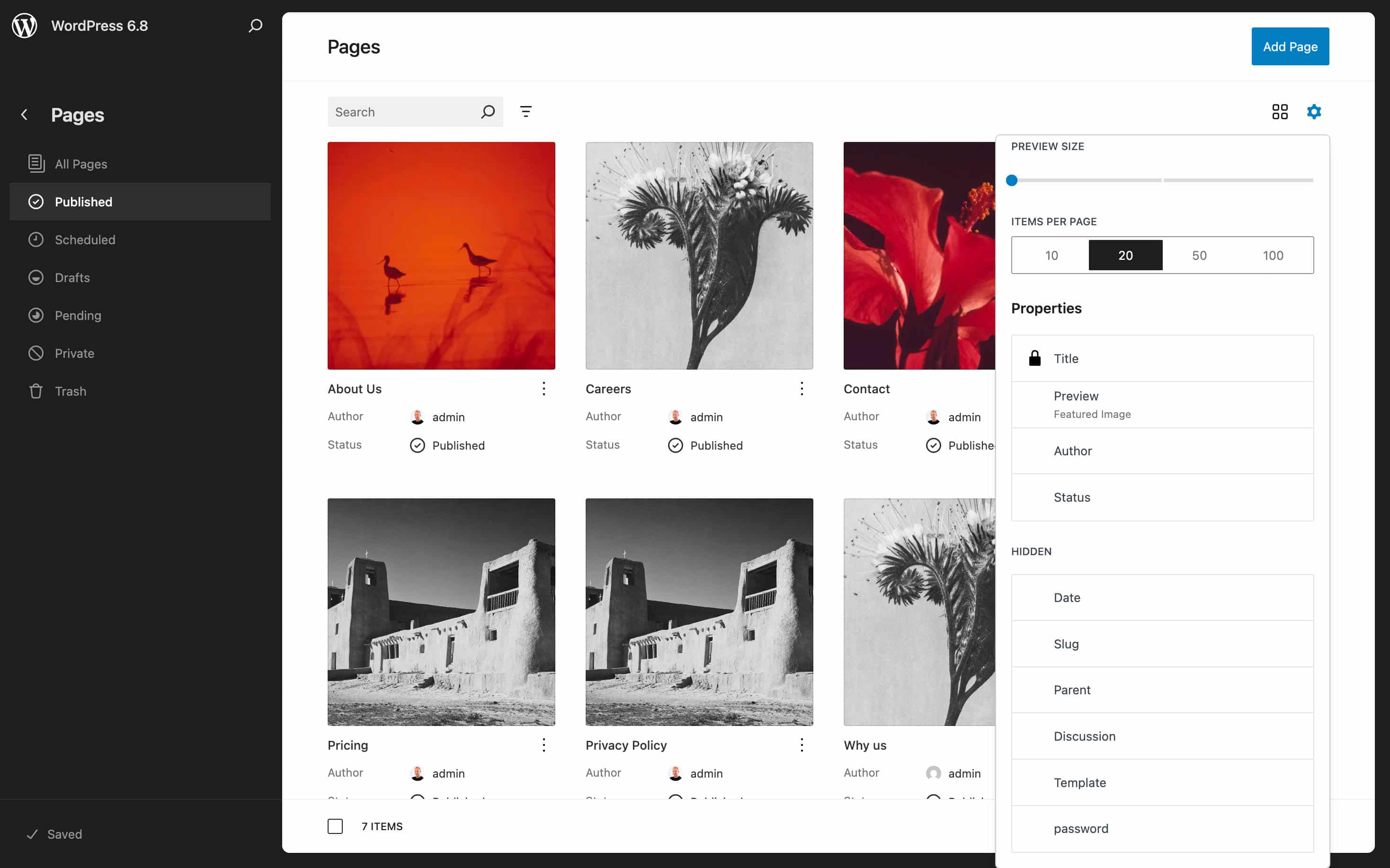Page view in WordPress 6.8