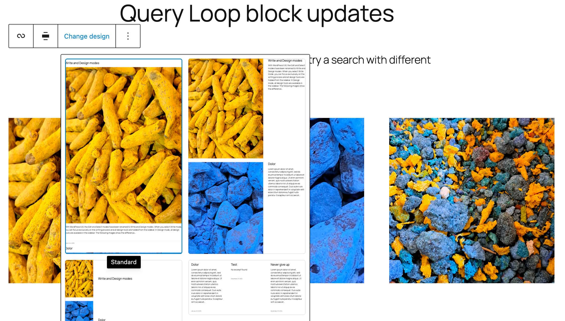 A screenshot showing a new Change design dropdown for the Query Loop block