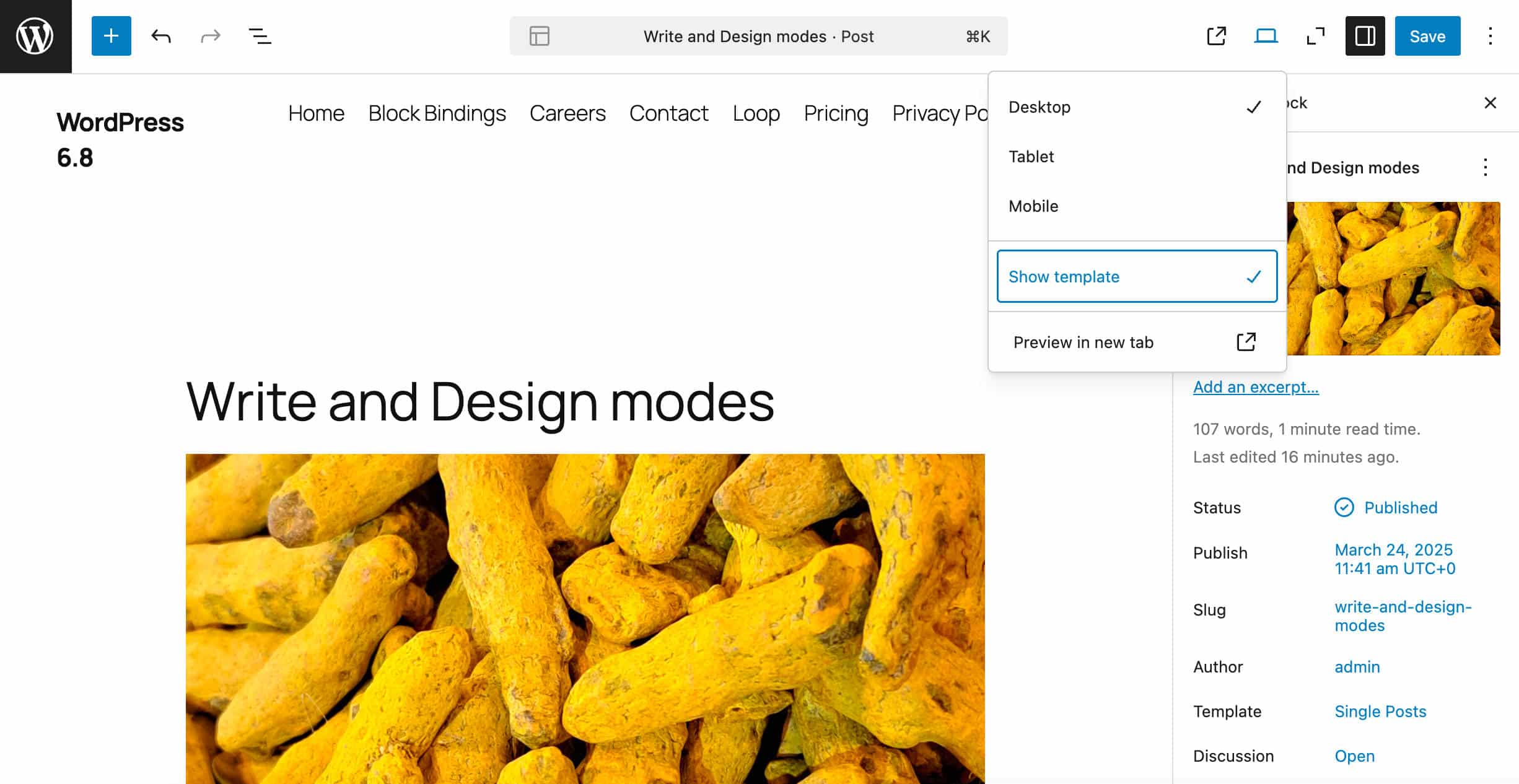 Show template option enabled in WordPress 6-8