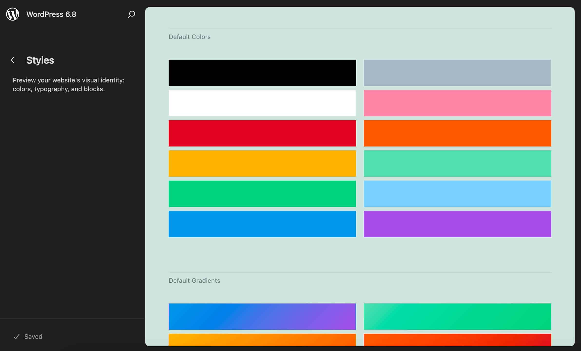 Colors preview in Style Book with Twenty Twenty-One