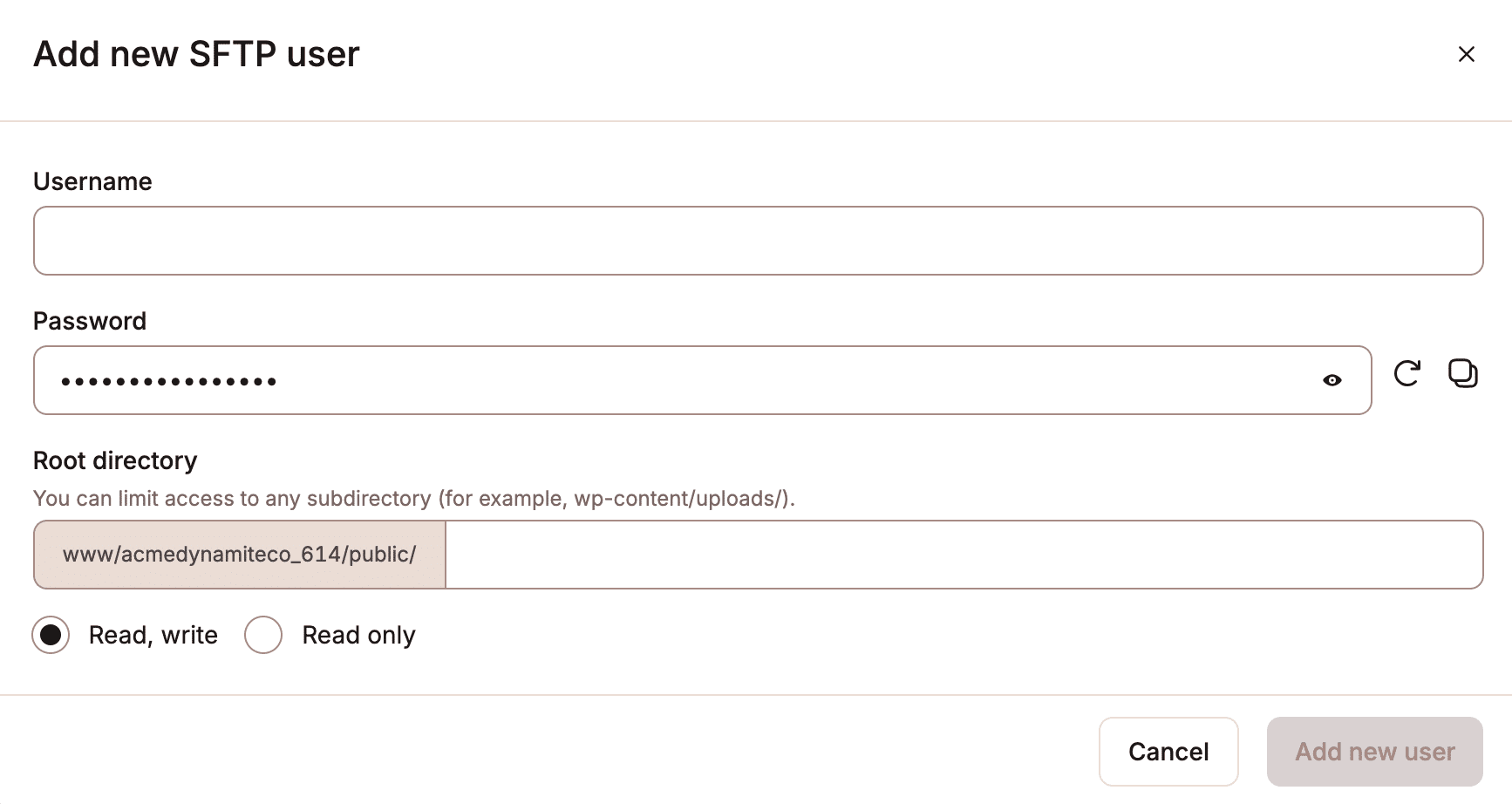 Las solicitudes de credenciales de acceso en MyKinsta al añadir usuarios SFTP adicionales.