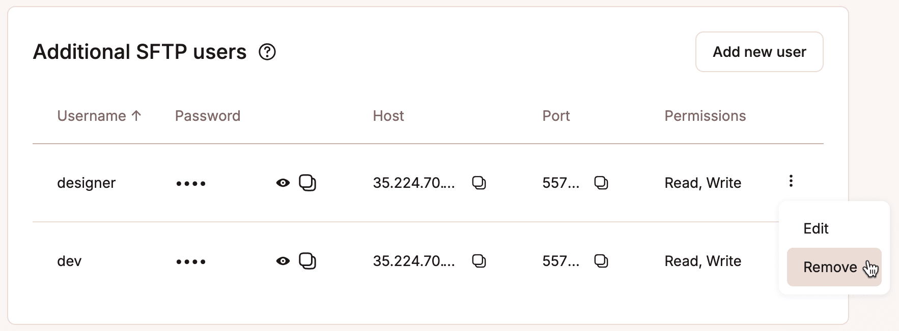 Una captura de pantalla que incluye el menú desplegable para editar o eliminar un usuario SFTP en MyKinsta.