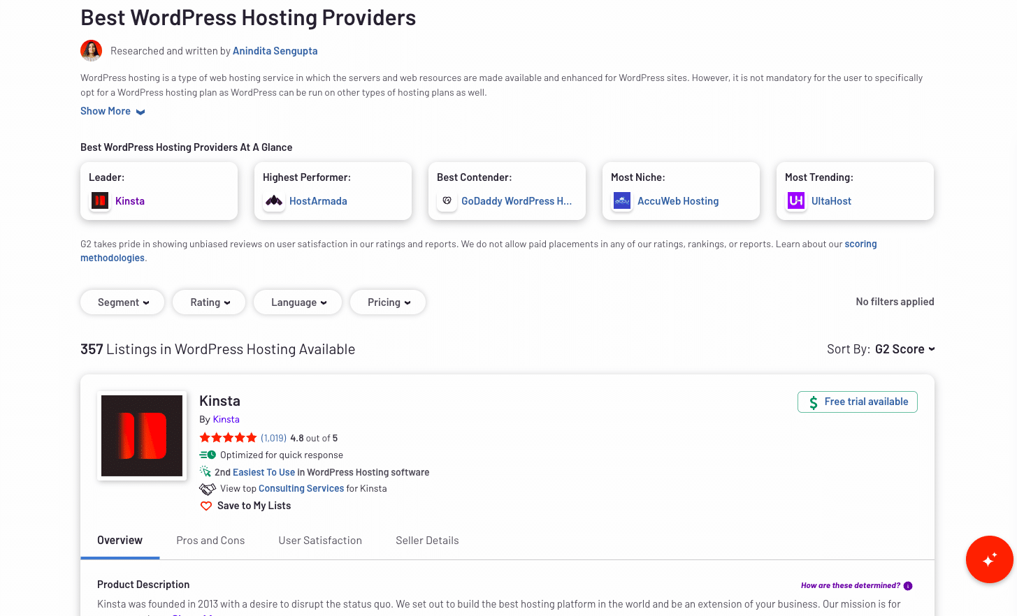 Relatório da G2 sobre provedores de hospedagem de WordPress