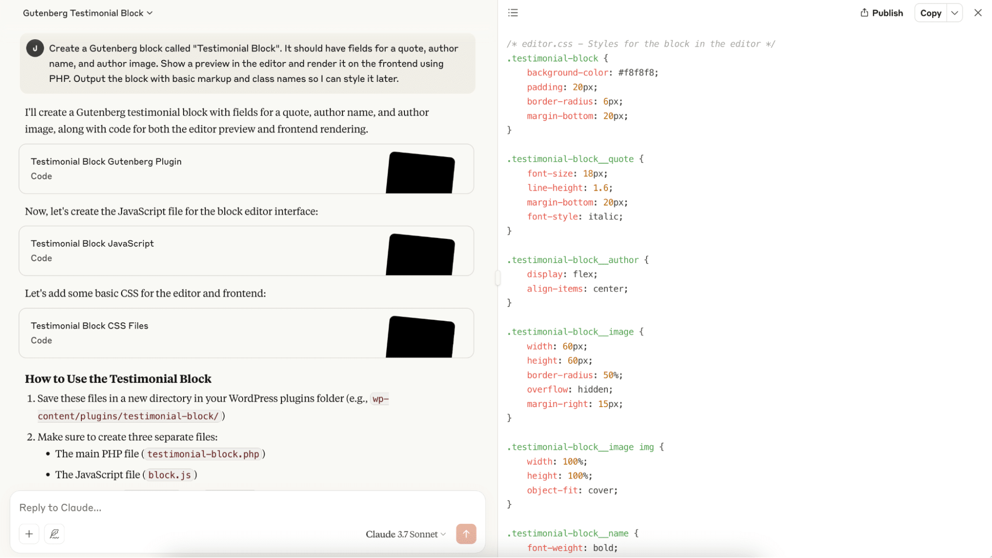コードセクションとファイルセクションの分けて提示してくれるClaudeのインターフェース