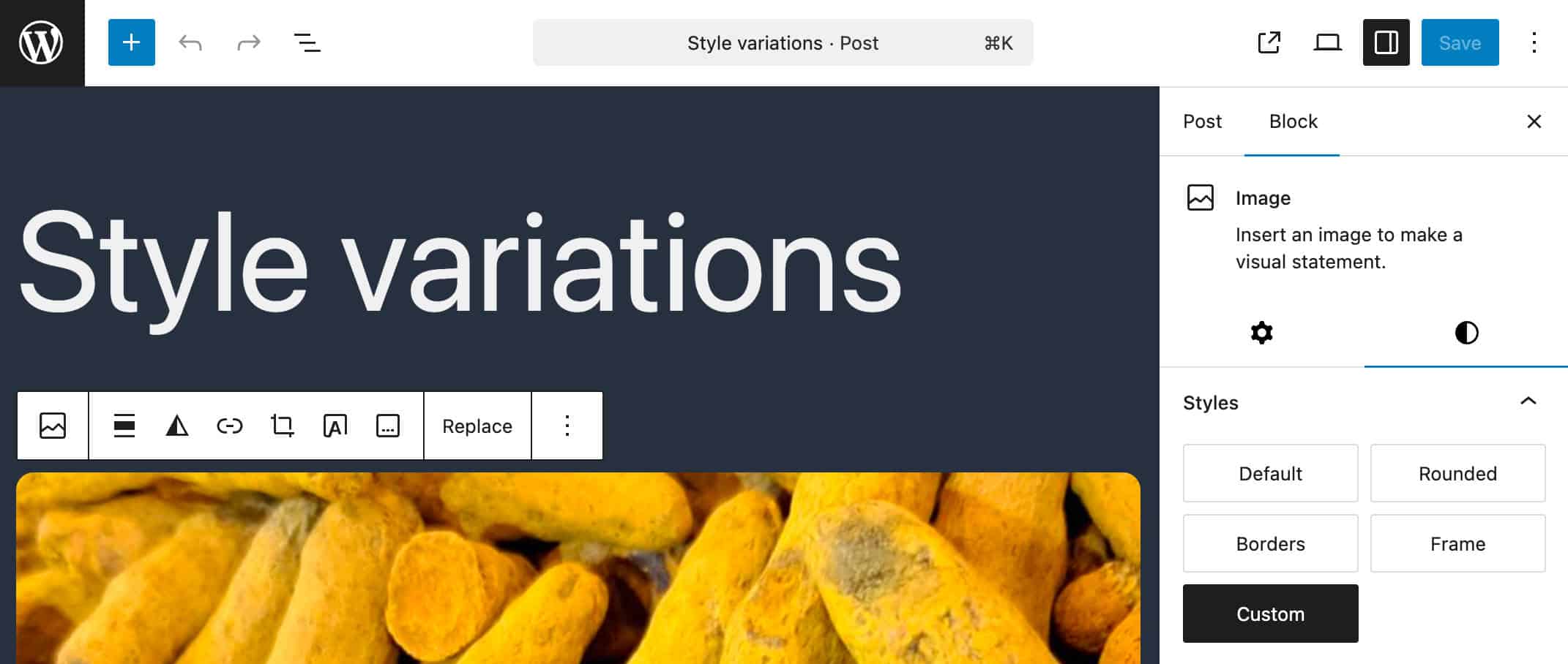 投稿エディター内画像ブロックのカスタムスタイルバリエーション