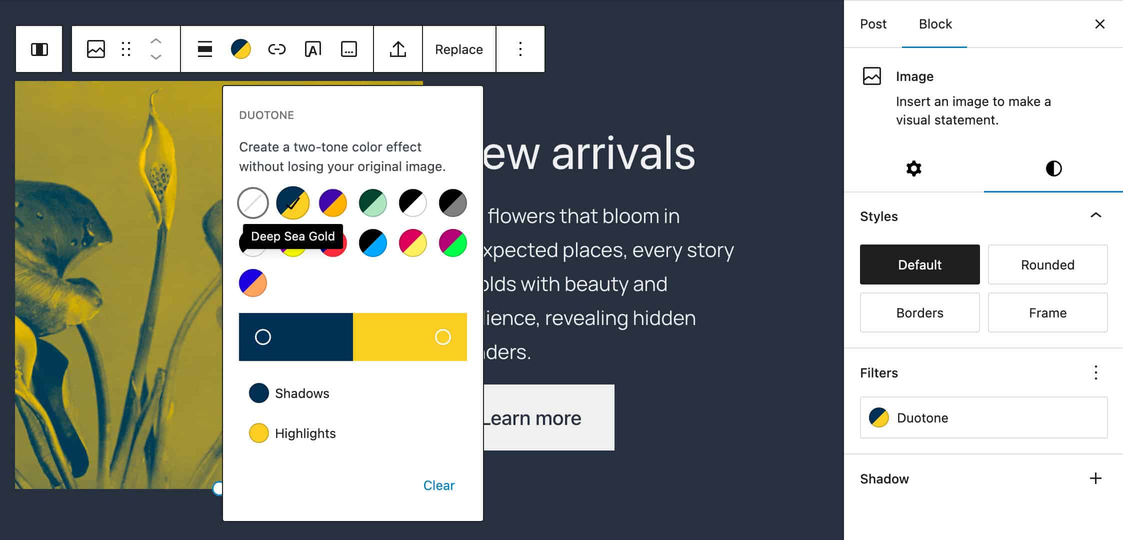 Twenty Twenty-Oneのテーマ設定ファイル（theme.json）を通じて、グローバルスタイルにデュオトーンフィルターを追加