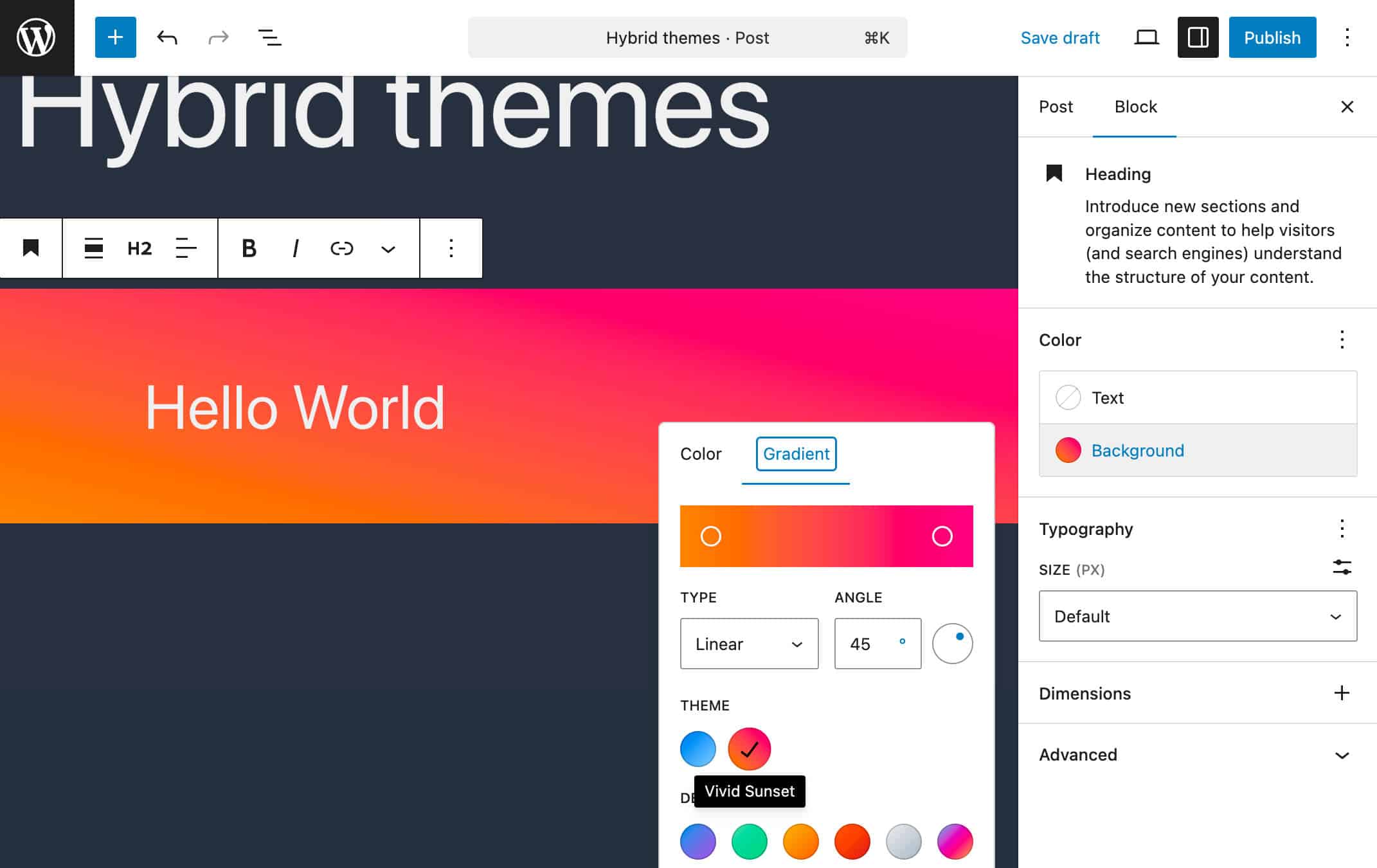 Twenty Twenty-Oneのテーマ設定ファイル（theme.json）を通じて、グローバルスタイルに2つのグラデーションを追加