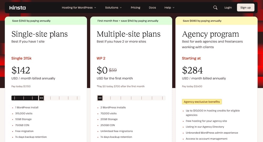 Página de preços da Kinsta