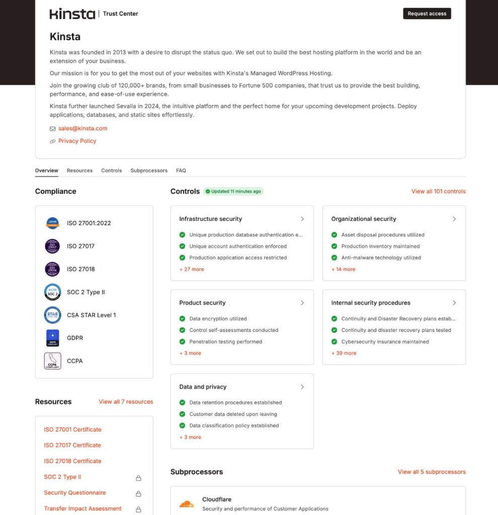 A screenshot of the Kinsta Trust Center