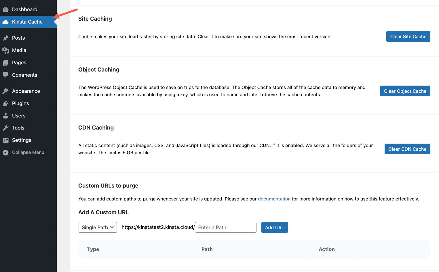 Kinsta Cache instellingen pagina.