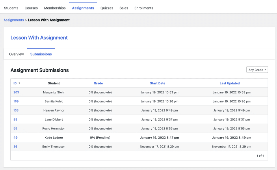 Captura de pantalla de la interfaz para revisar las tareas de los alumnos en el plugin de WordPress LifterLMS para la educación.