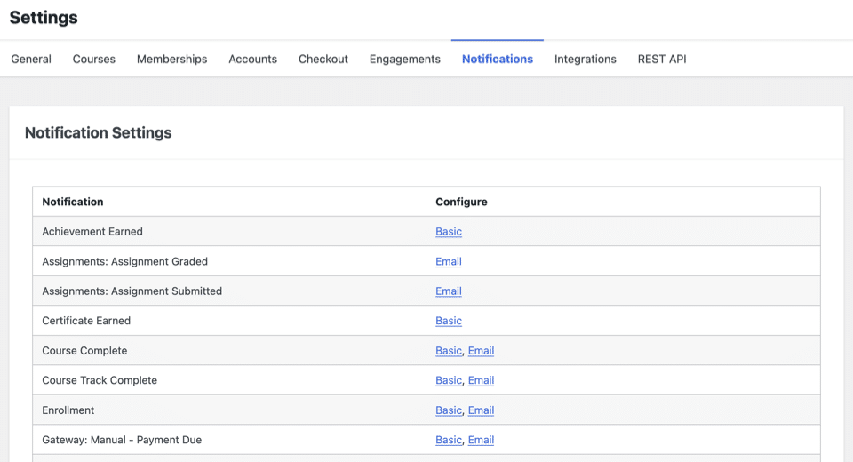 Una captura de pantalla de la interfaz para configurar las notificaciones en el plugin de WordPress LifterLMS para la educación.