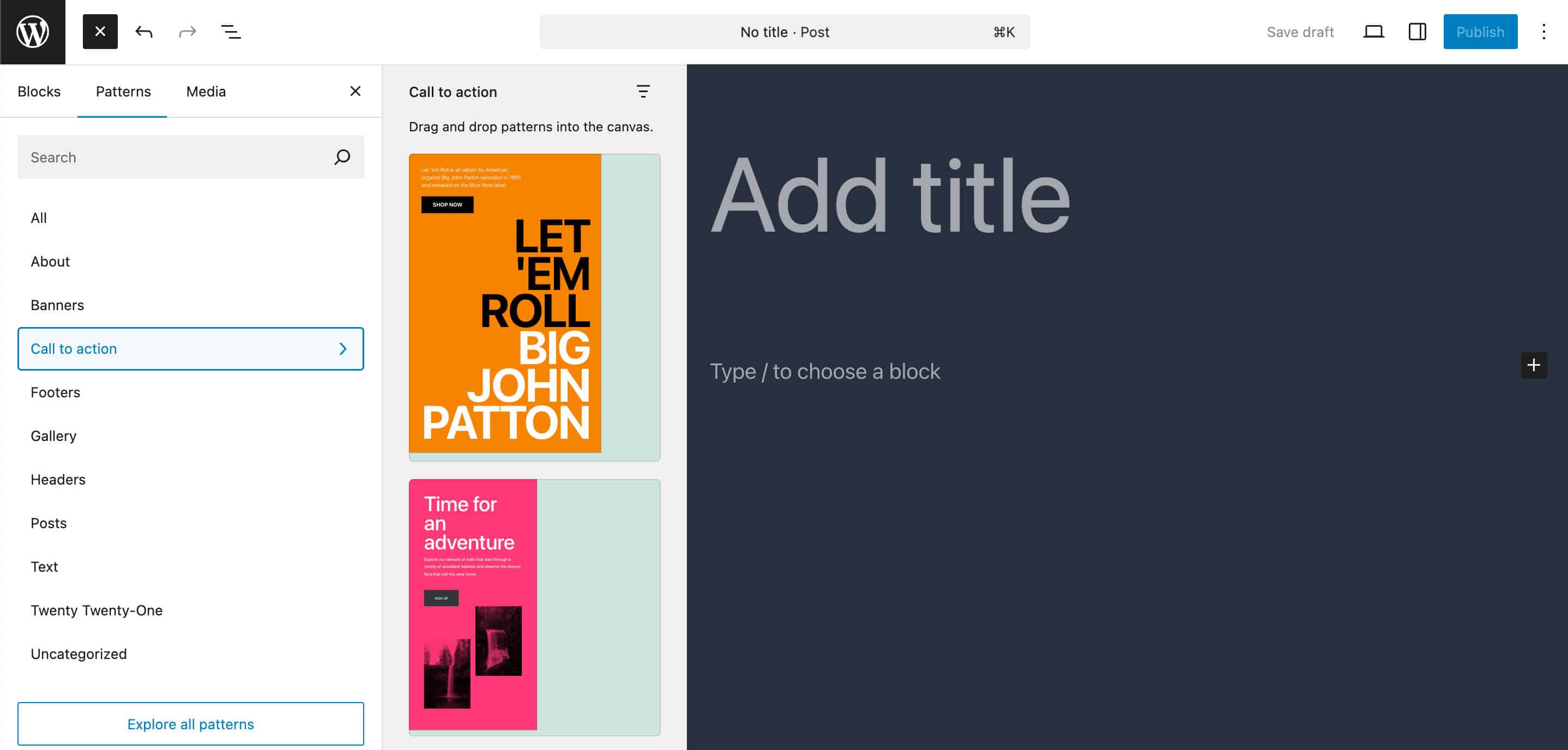 Twenty Twenty-Oneテーマ投稿エディター内にあるブロックインサーターの「パターン」セクション