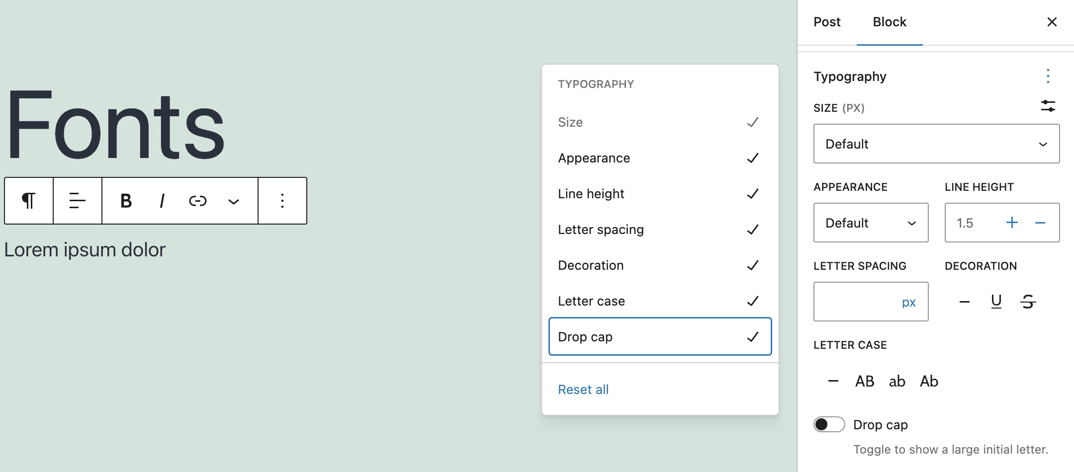 theme.jsonファイルを使用していない状態のTwenty Twenty-Oneテーマにおける段落ブロックのサイドバー