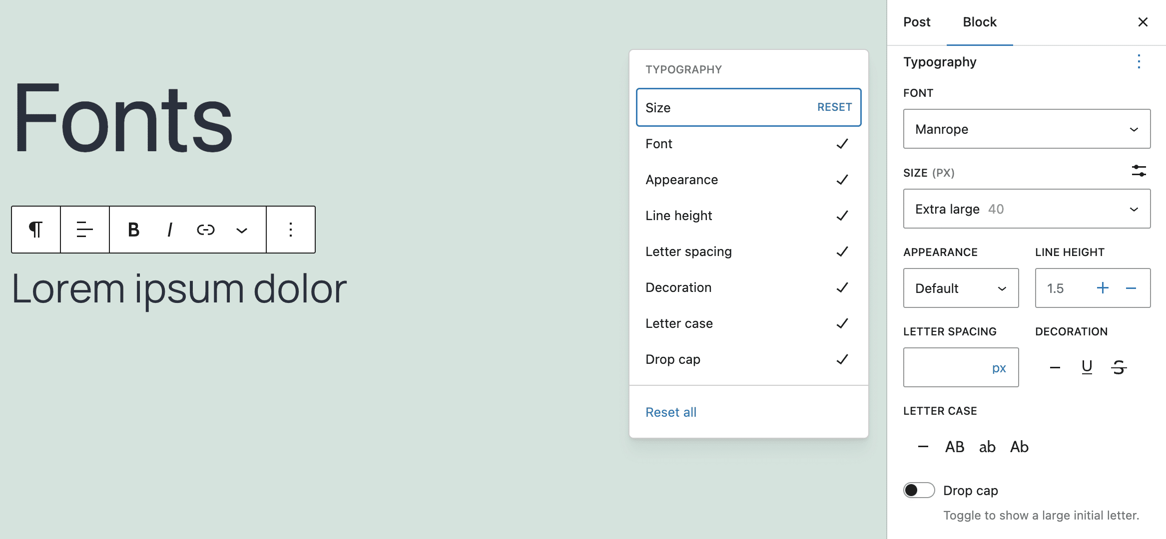 theme.jsonファイルを使用している状態のTwenty Twenty-Oneテーマにおける段落ブロックのサイドバー