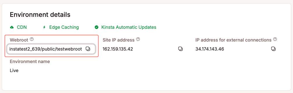 Le chemin du webroot mis à jour est affiché dans les détails de l'environnement.