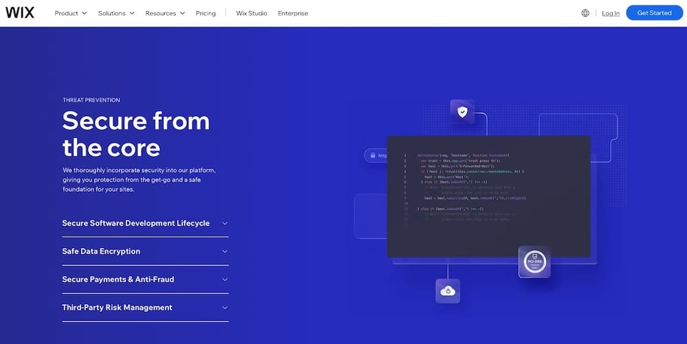 Wix security features page screenshot.