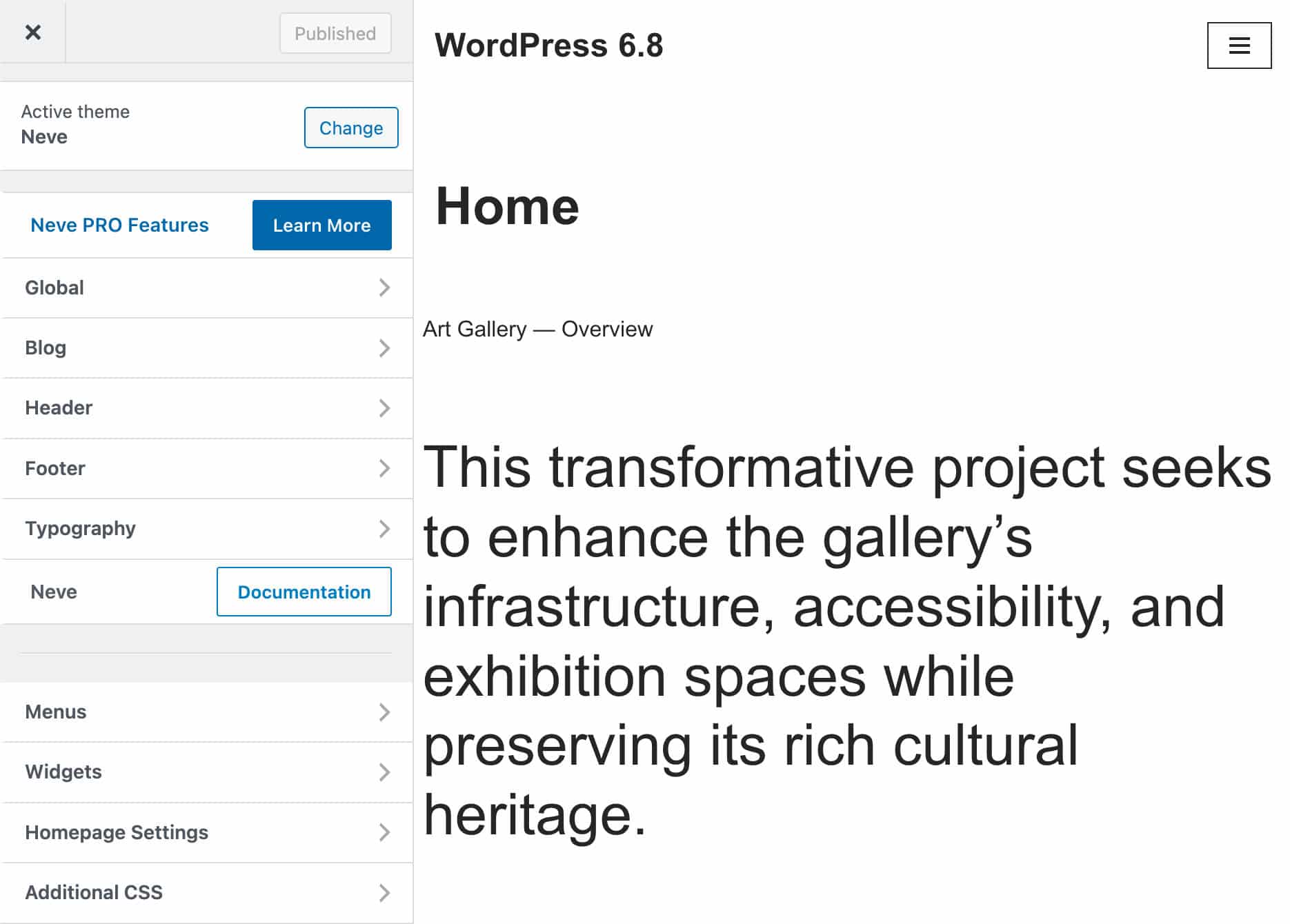 WordPressテーマNeveのカスタマイザー画面のプレビュー