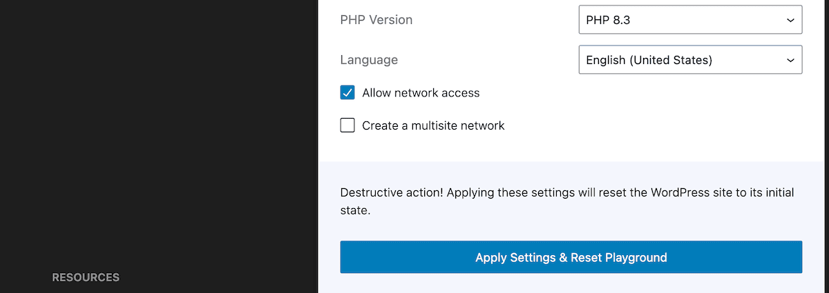 La casella di controllo per abilitare l'accesso alla rete di un'istanza di Playground.