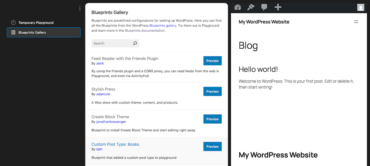 La galleria dei Blueprint di WordPress Playground.
