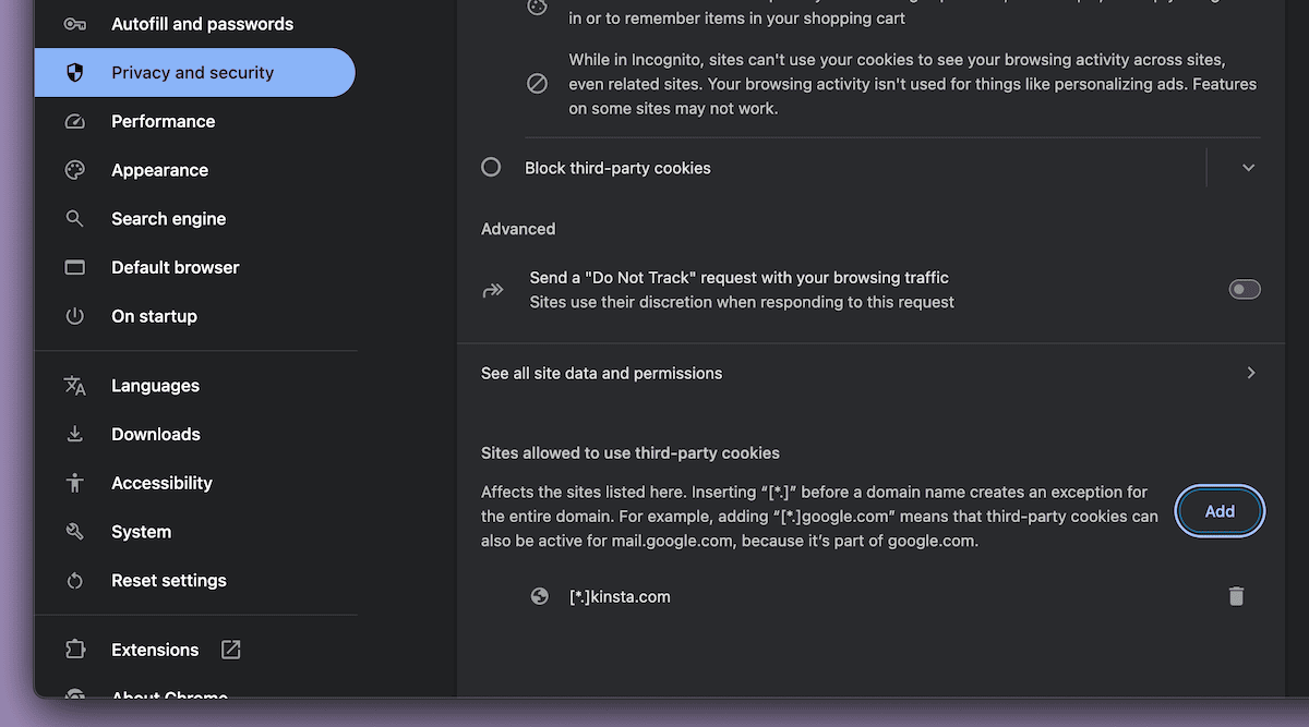 A página de configurações de Privacidade e Segurança do Chrome exibindo os controles de cookies e as exceções de sites.