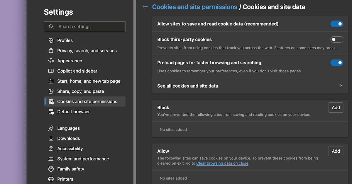 A interface de configurações detalhadas de cookies do Edge, com botões de ativação e explicações.