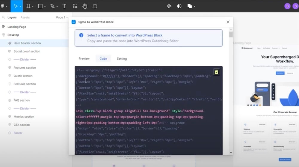 Generazione di codice nel plugin Figma to WordPress Block
