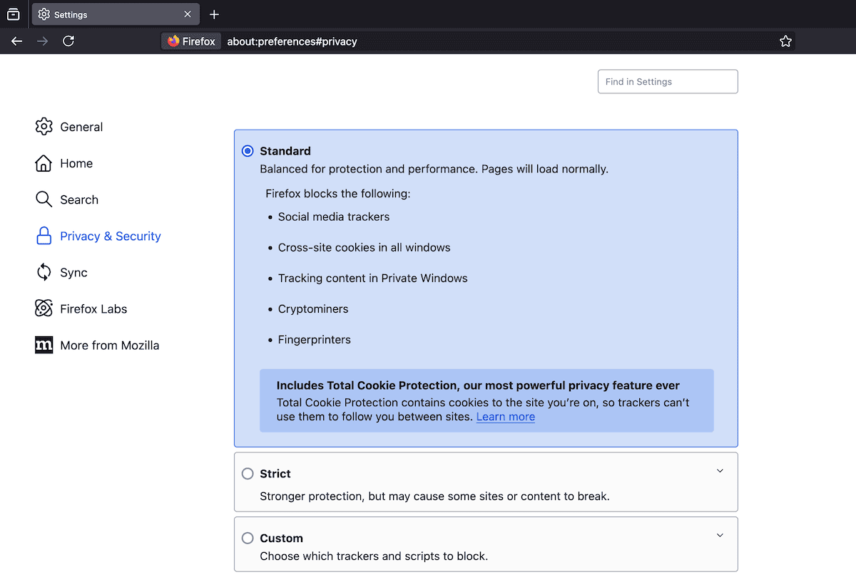 A Proteção Aprimorada contra Rastreamento do Firefox exibindo o nível Padrão e os elementos bloqueados.