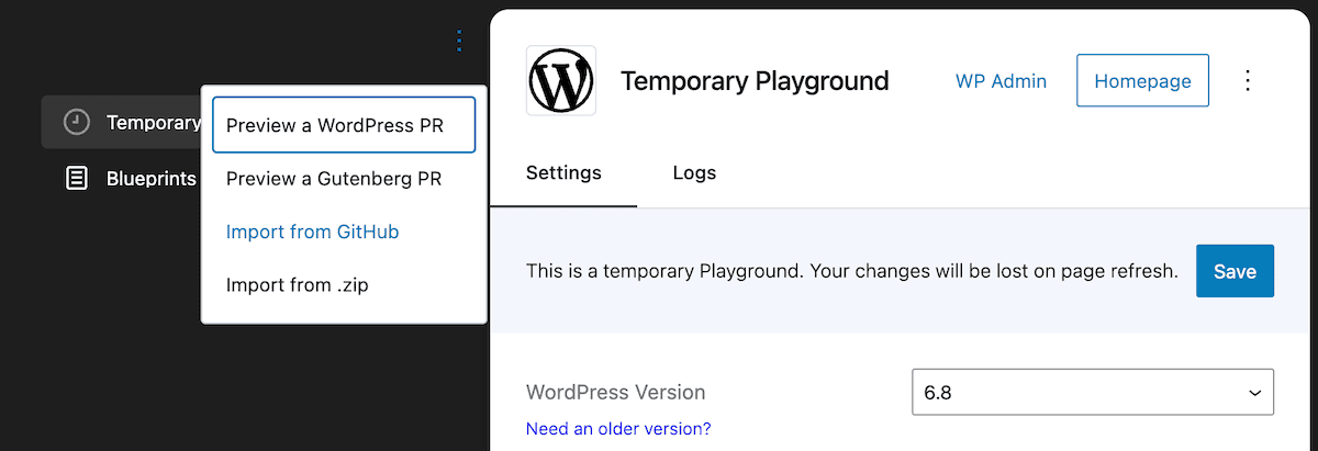 Il menu di WordPress Playground con le opzioni per visualizzare in anteprima una richiesta di pull di WordPress, una richiesta di pull di Gutenberg, importare da GitHub o importare da file .zip