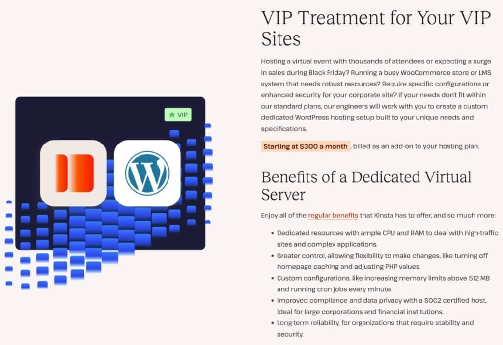 Una página que explica algunas de las ventajas de utilizar el alojamiento dedicado de WordPress de Kinsta.